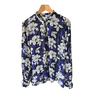 Liz Claiborne Metallic Floral Blouse Sz L Blue White Front Cutout Long Sleeves